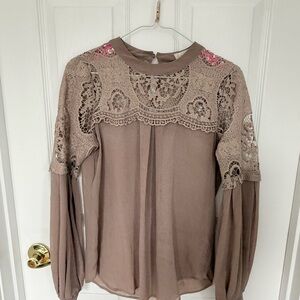 Altar'd State Taupe Lace Blouse